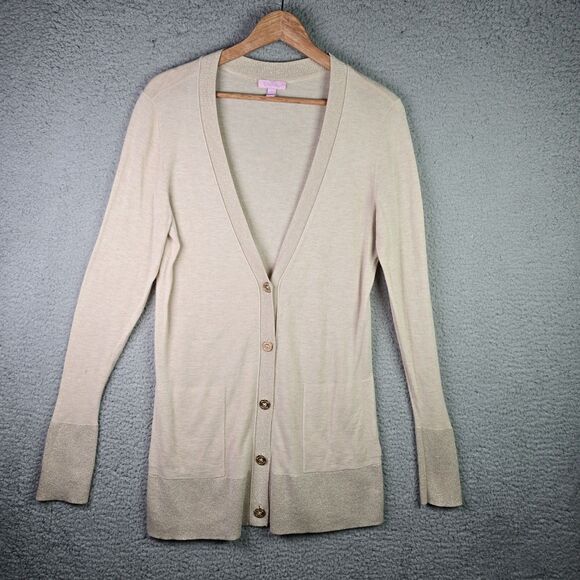 Lilly Pulitzer Gold Metallic Long Cardigan Sweater L V-Neck Logo Button Pocket - Picture 4 of 16